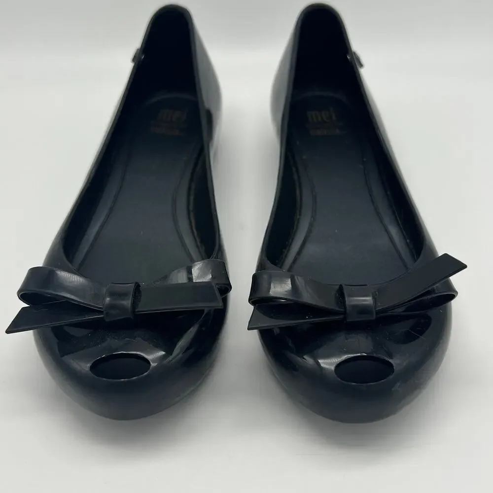 Mel Melissa Ultragirl Bow Ballet Flats Peep Toe Jelly Girls Size 2 Black Dressy